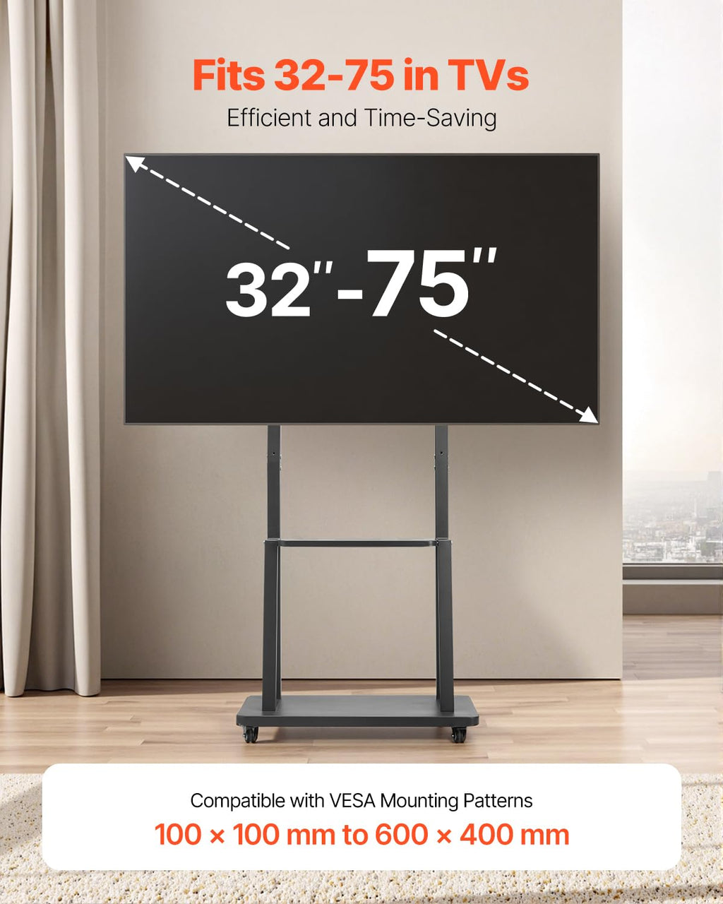 Rolling TV Stand for 32-75 Inch Screens, Height Adjustable with Tray O671
