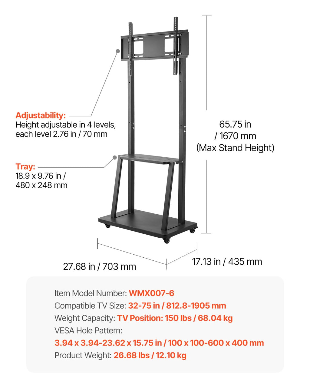 Rolling TV Stand for 32-75 Inch Screens, Height Adjustable with Tray O671