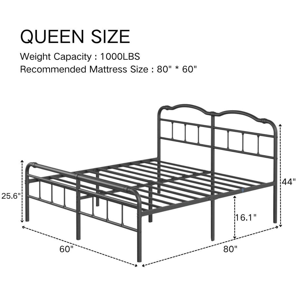 Queen Size Black Metal Platform Bed Frame with Headboard S3278