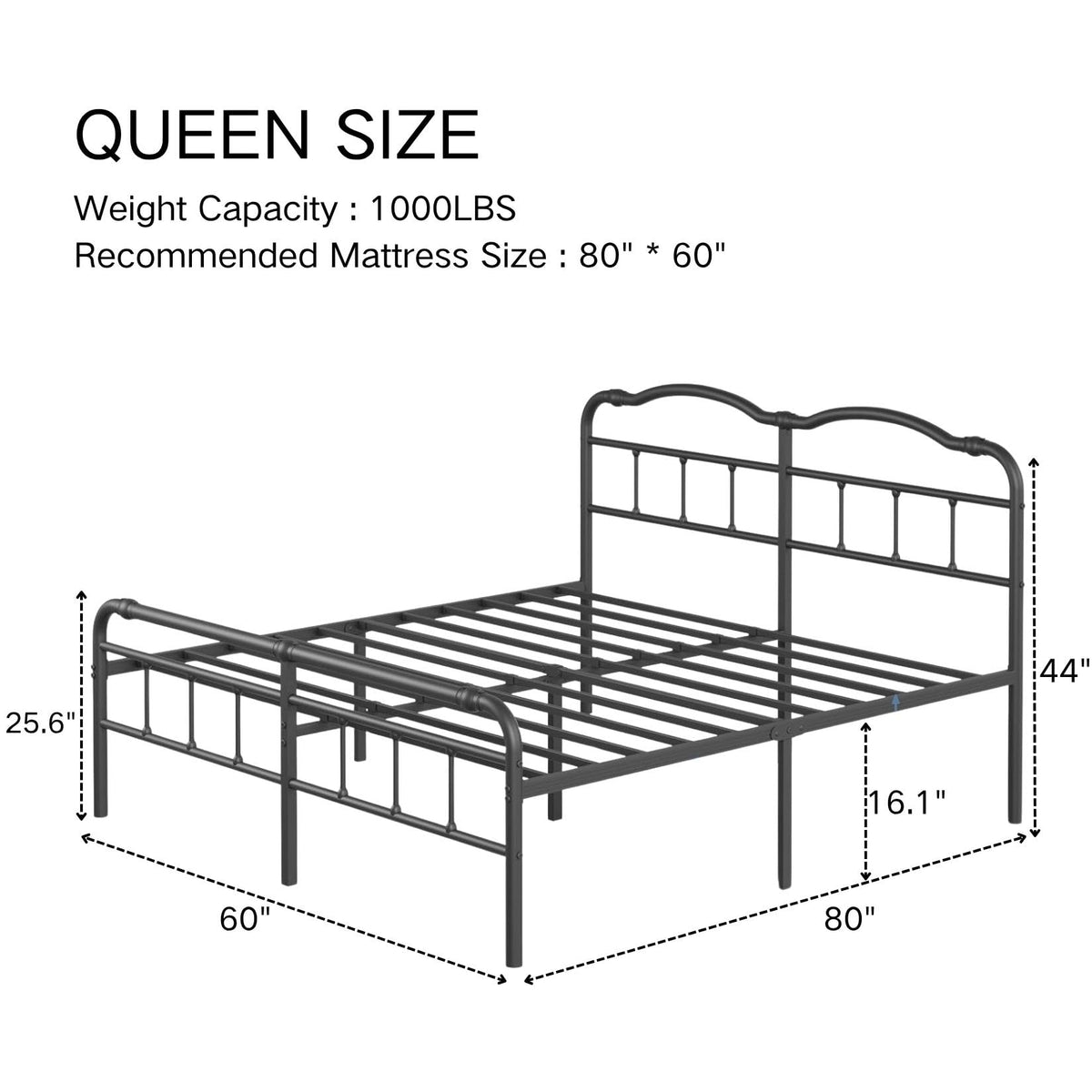 Queen Size Black Metal Platform Bed Frame with Headboard S3278