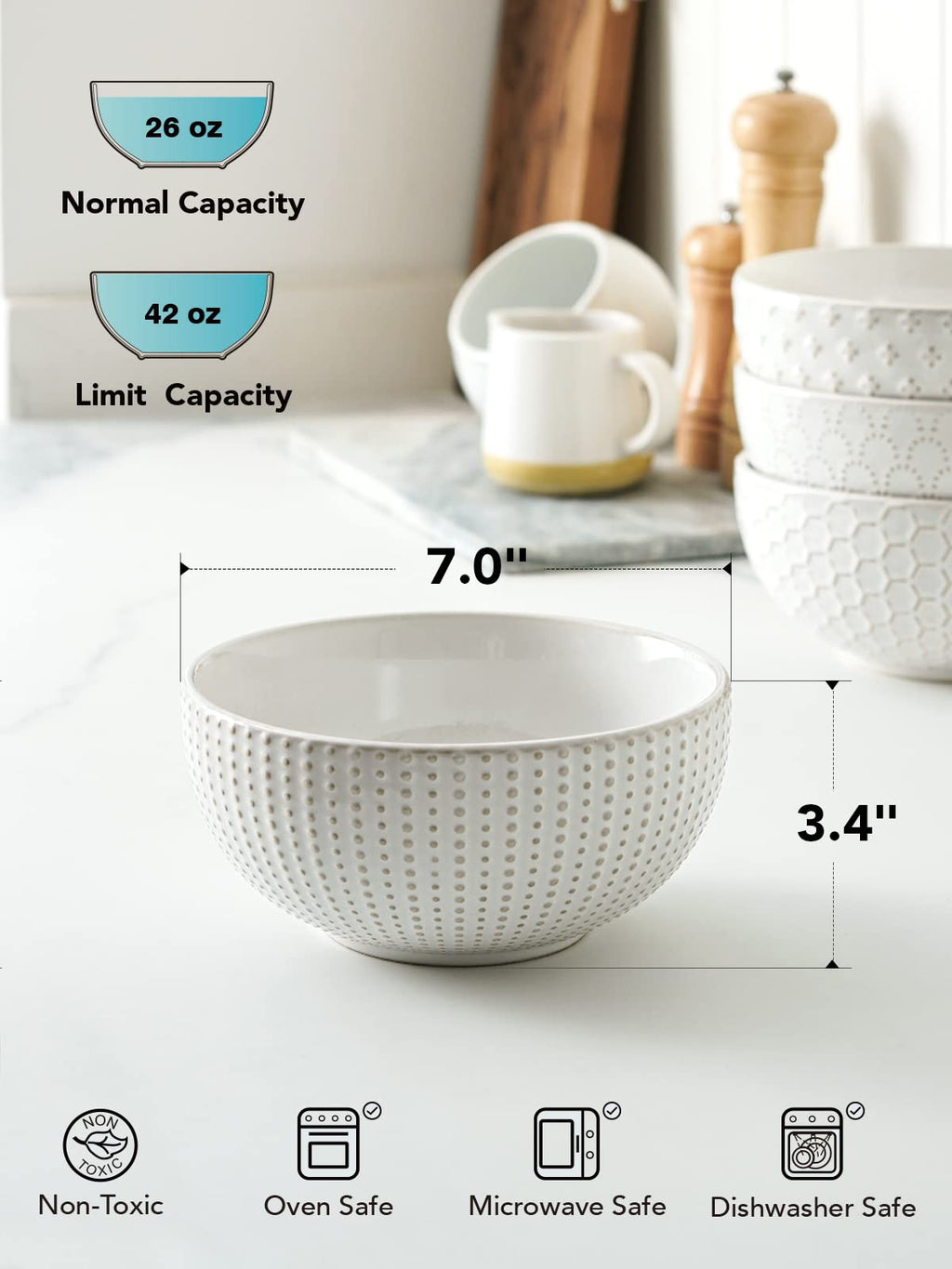 Ceramic Soup Bowl Set, 42 OZ, 7 Inch, Set of 4, Arctic White T54348