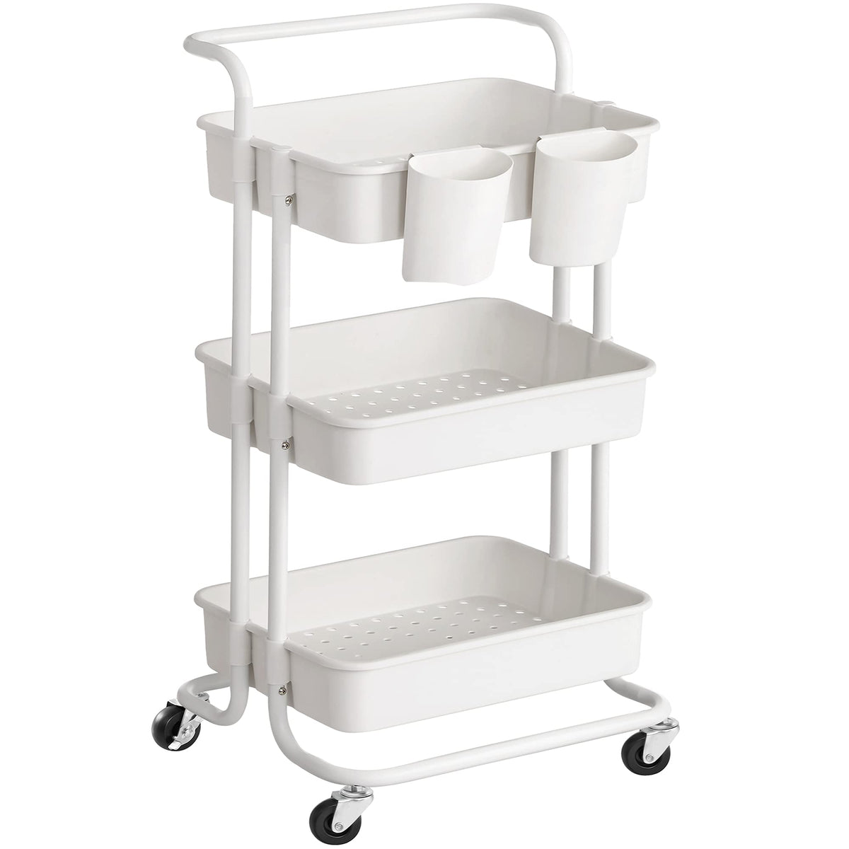 3-Tier Plastic and Steel Rolling Cart with Handle and 2 Brakes C9876