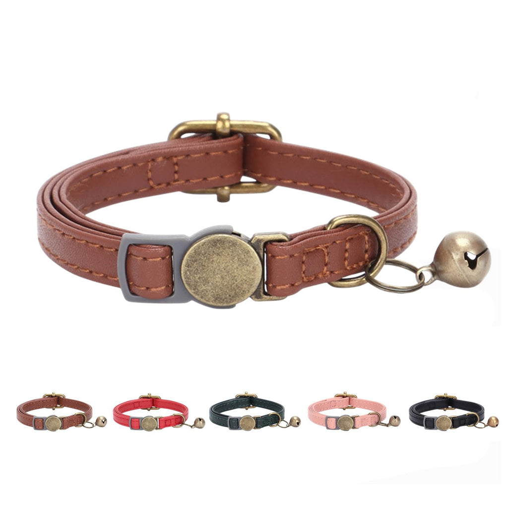 Leather Cat Collar with Bell Breakaway Adjustable Brown W849040