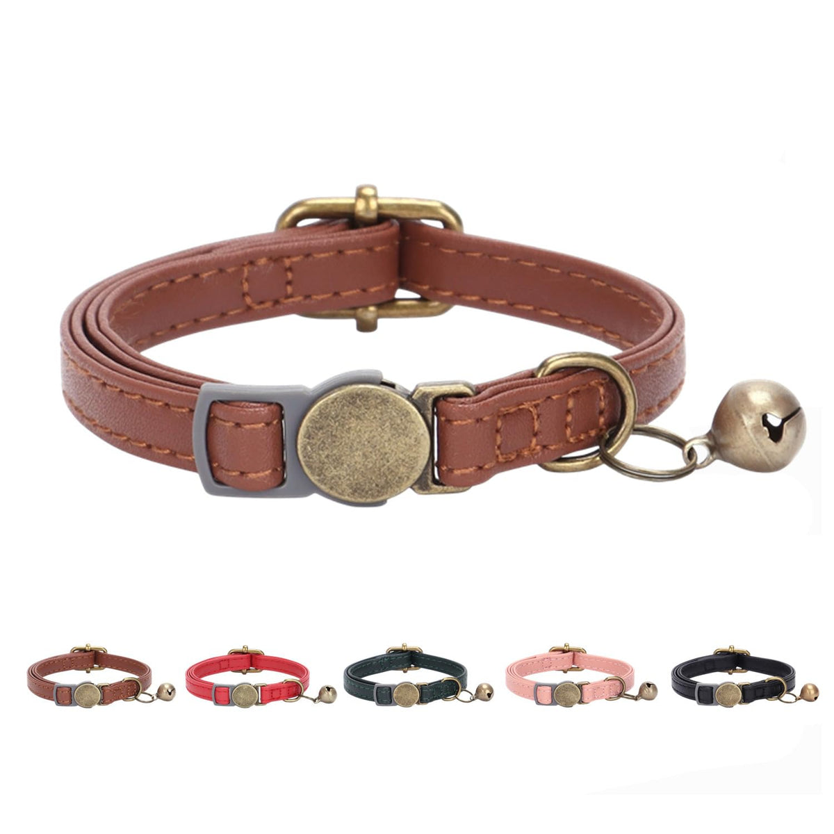 Leather Cat Collar with Bell Breakaway Adjustable Brown W849040
