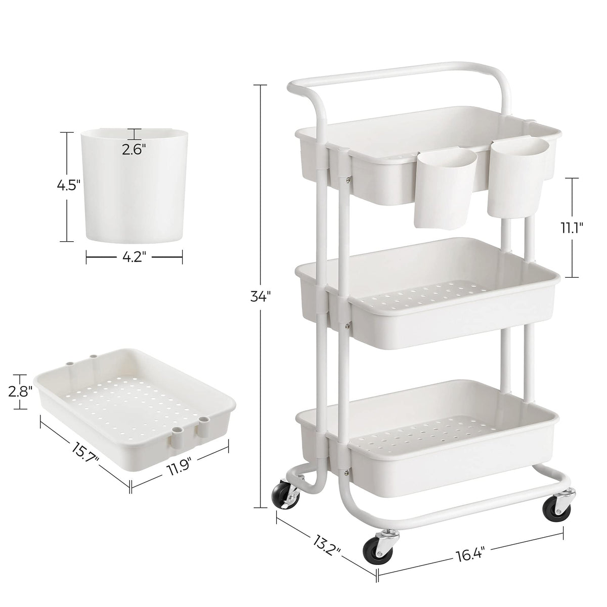 3-Tier Plastic and Steel Rolling Cart with Handle and 2 Brakes C9876