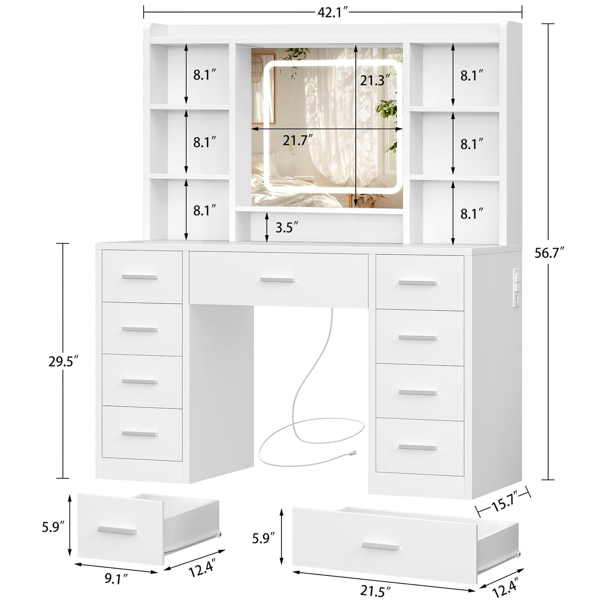 White Vanity Desk with Mirror and 9 Drawers O9316
