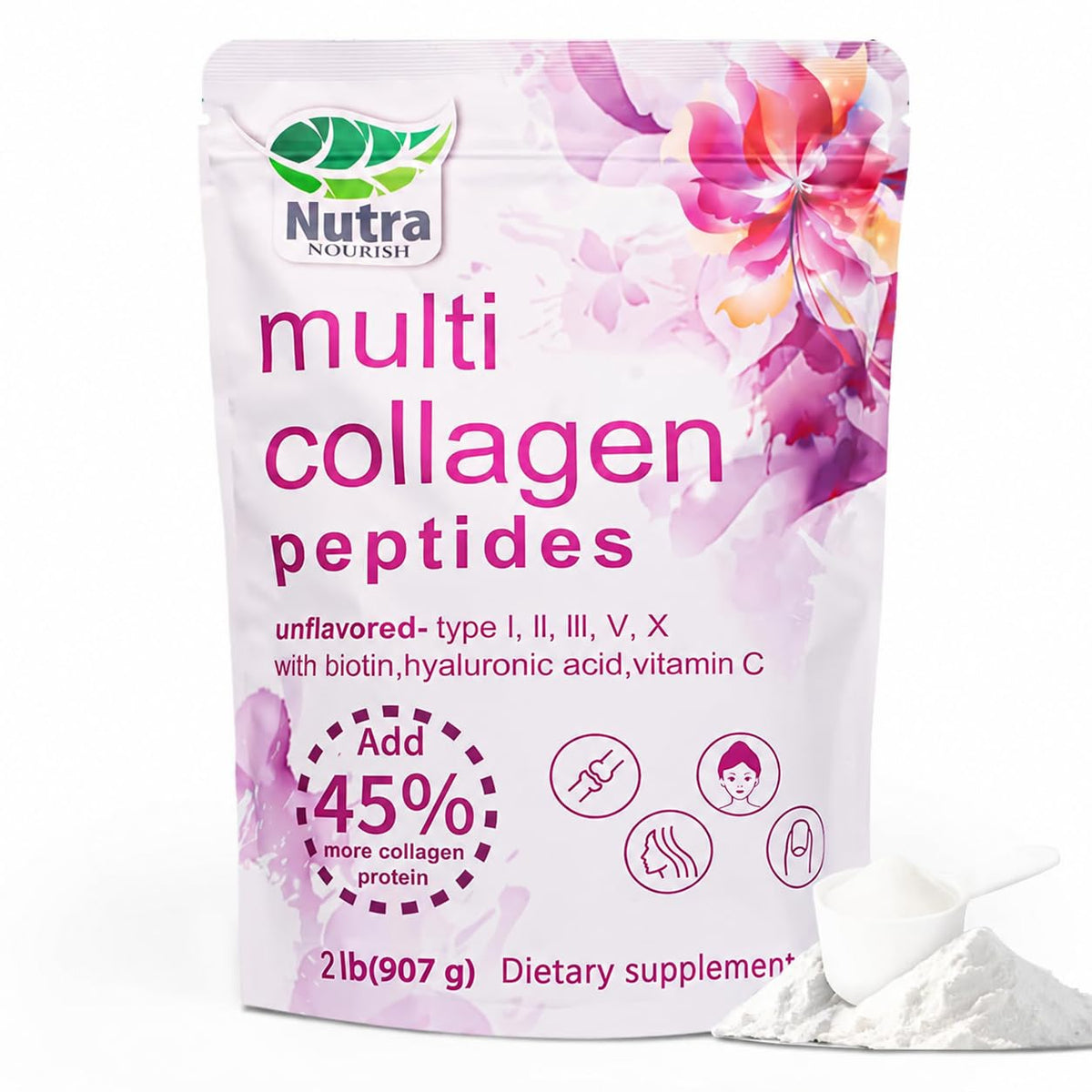 Multi Collagen Peptides Powder, 2LB Type I II III V X Unflavored U9988