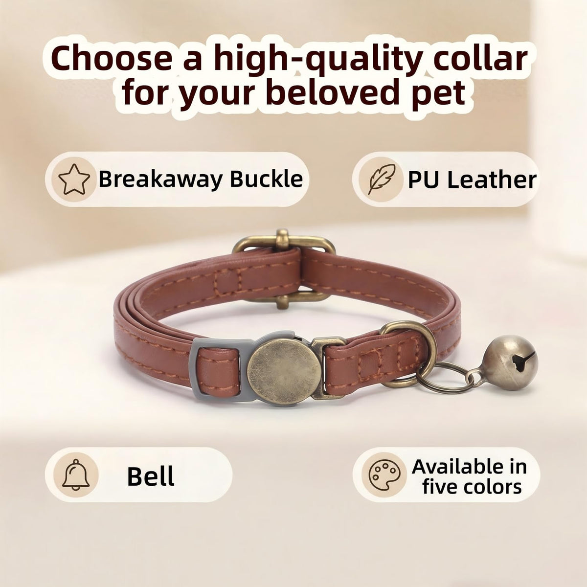 Leather Cat Collar with Bell Breakaway Adjustable Brown W849040