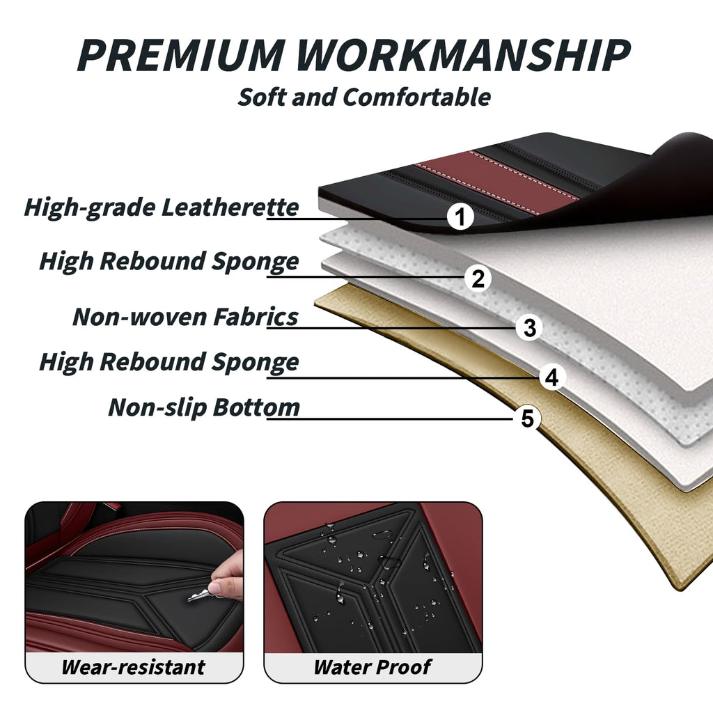 Black Red Nappa Leather 5 Seats Full Set Car Seat Covers G830