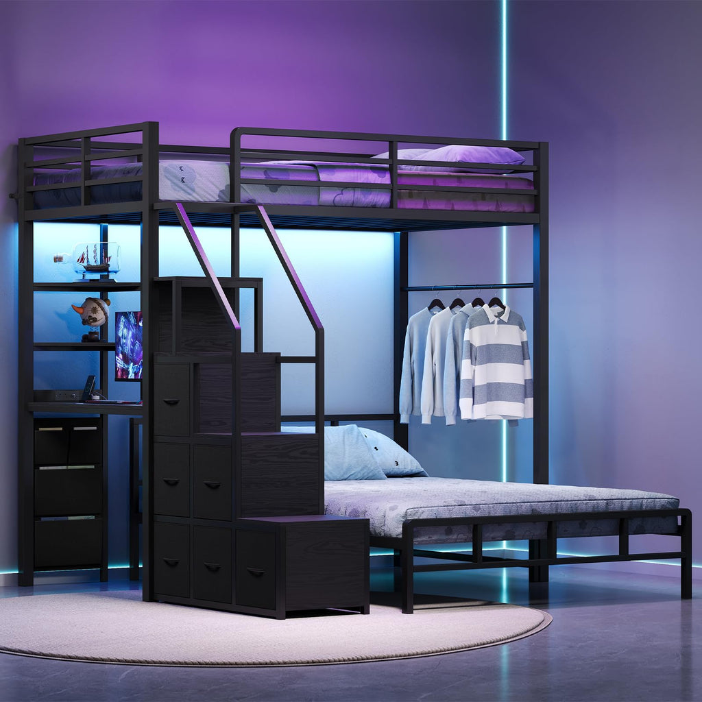 Black Twin Over Full Bunk Bed with Desk and Stairs E847