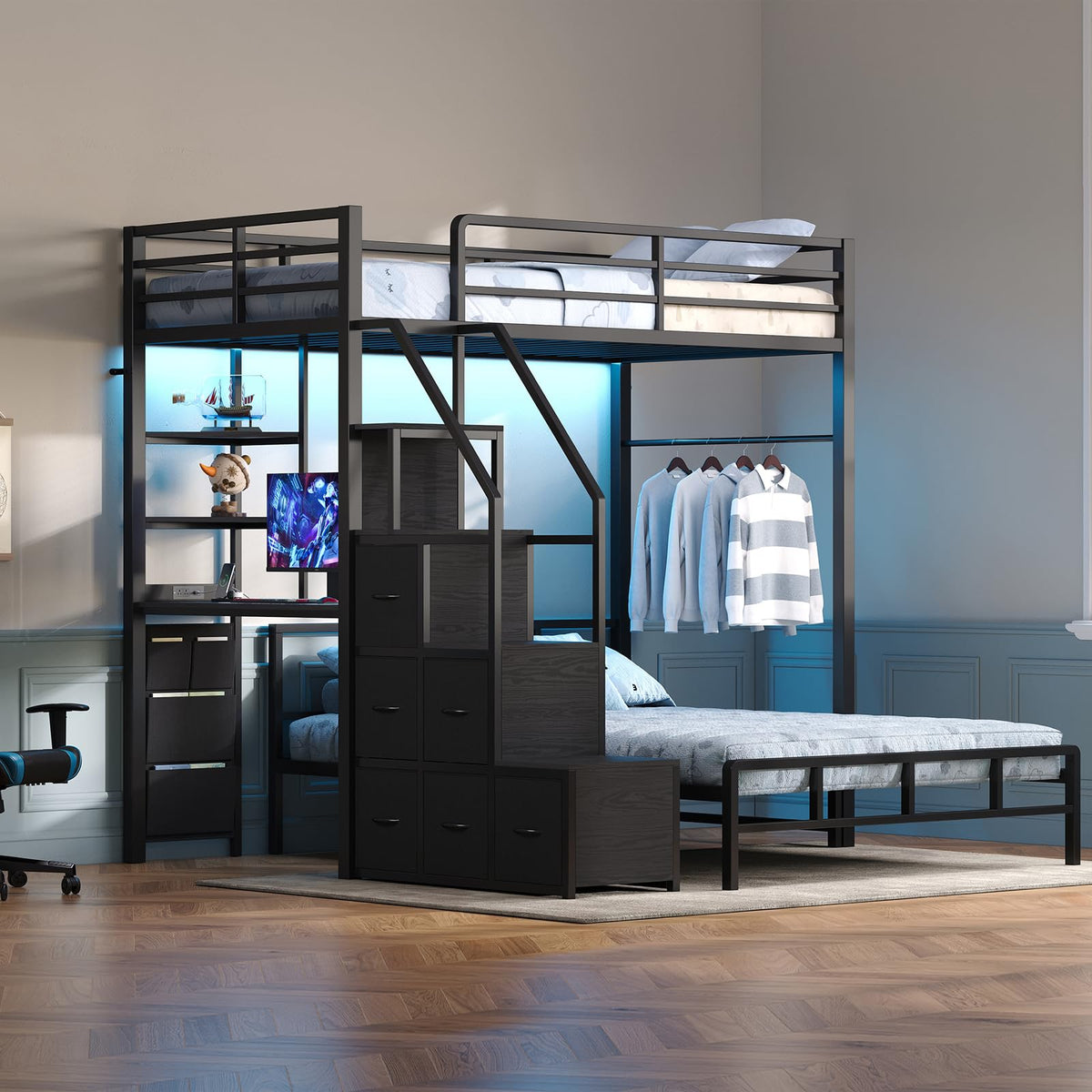 Black Twin Over Full Bunk Bed with Desk and Stairs E847
