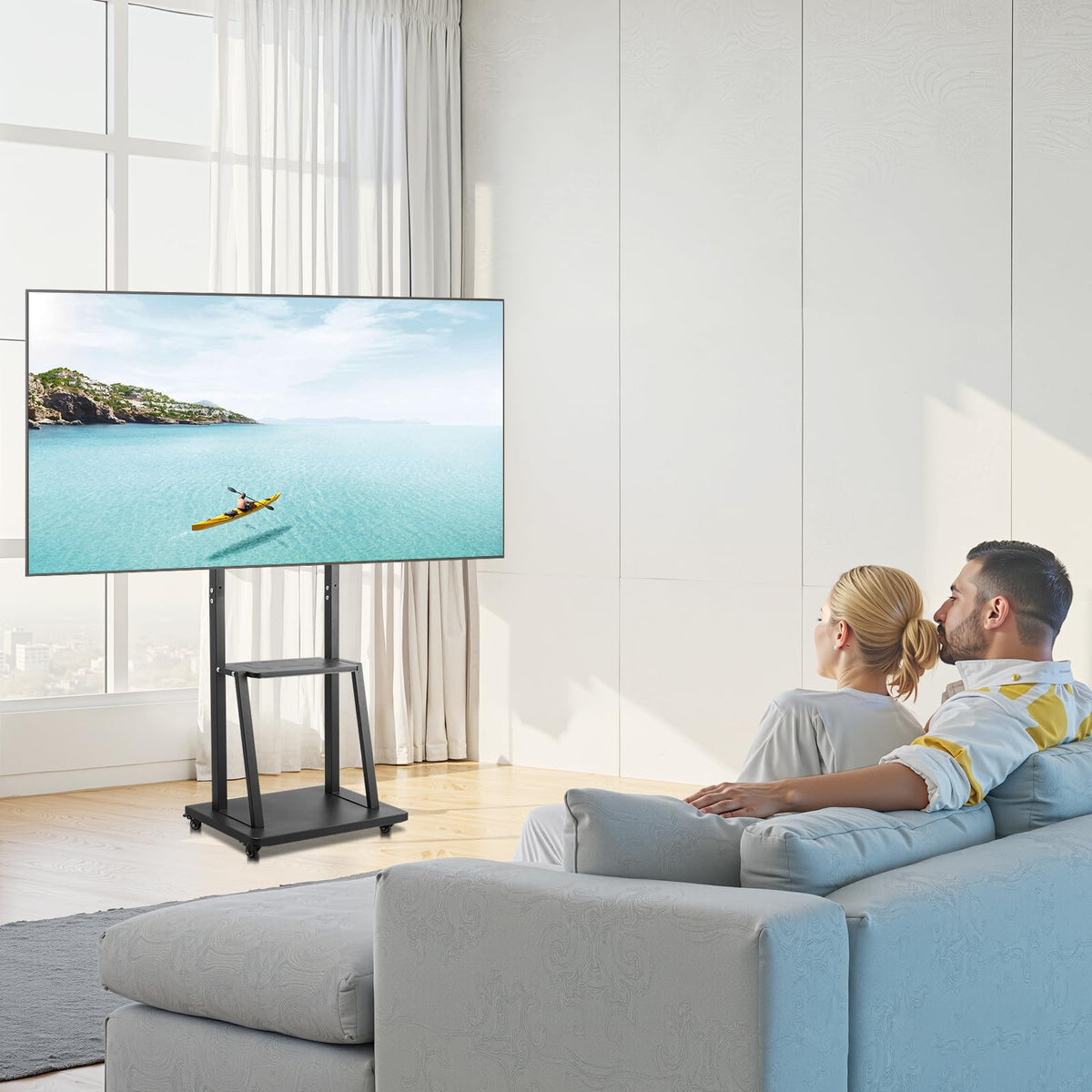Rolling TV Stand for 32-75 Inch Screens, Height Adjustable with Tray O671