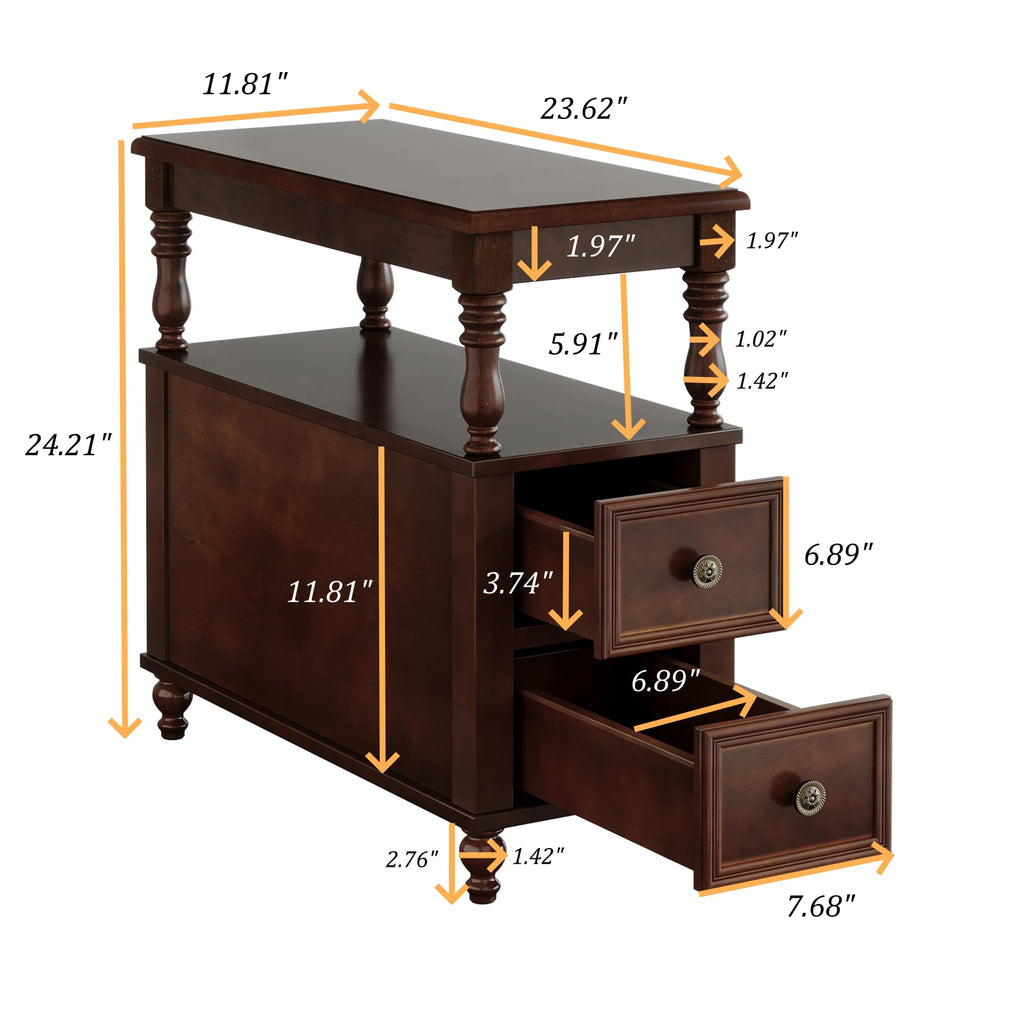 Solid Wood End Table with 2 Drawers and 2-Tier Open Shelf M3825