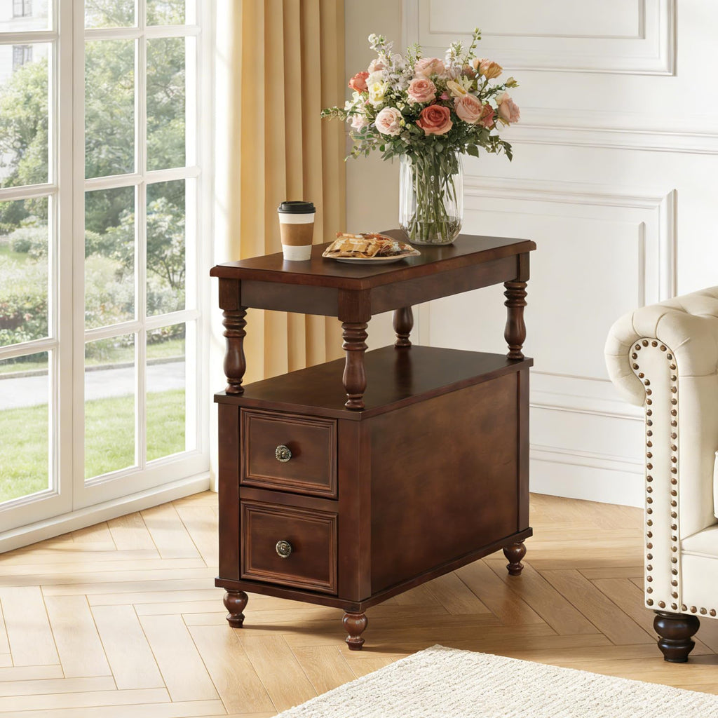 Solid Wood End Table with 2 Drawers and 2-Tier Open Shelf M3825