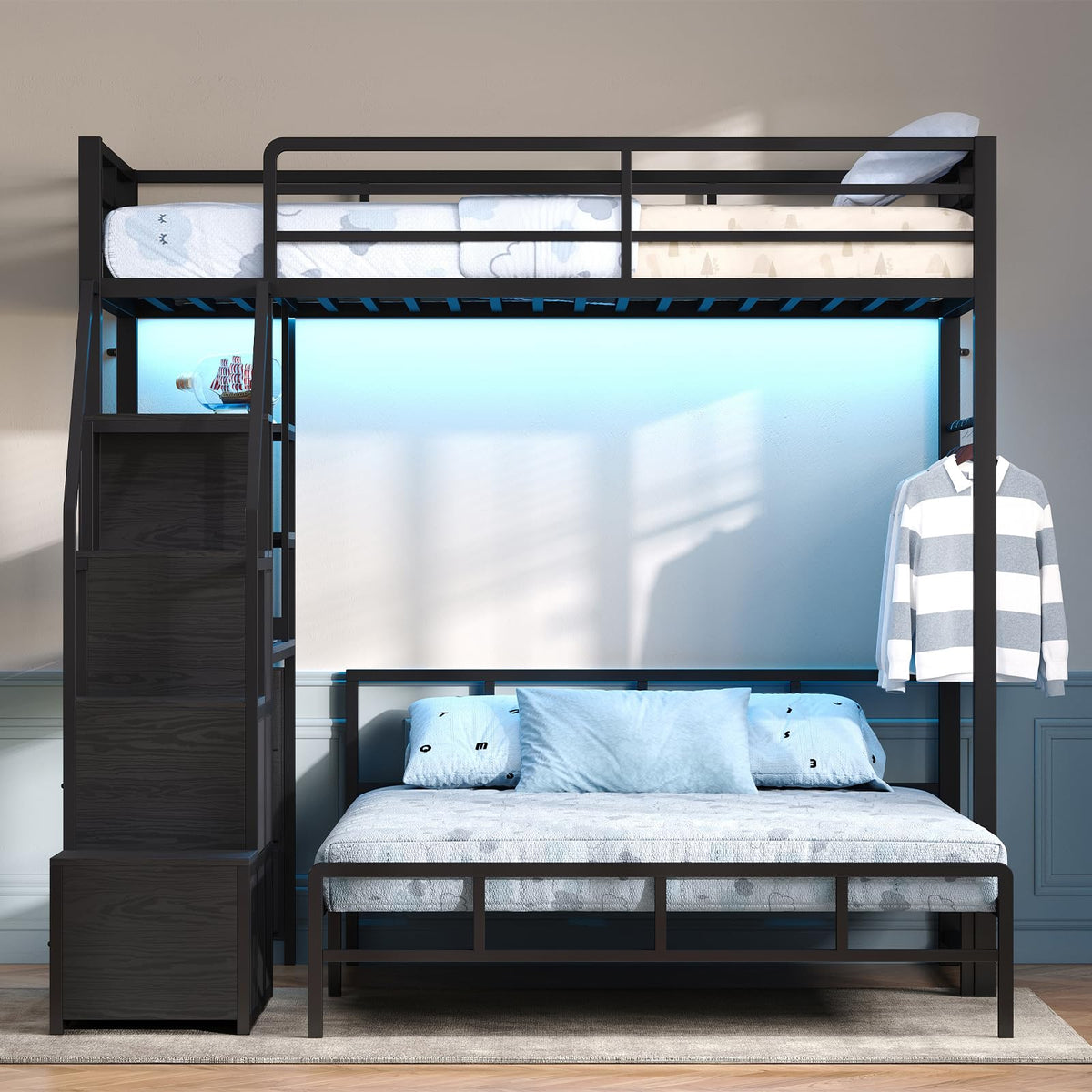 Black Twin Over Full Bunk Bed with Desk and Stairs E847