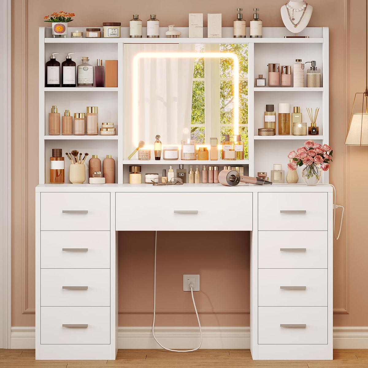 White Vanity Desk with Mirror and 9 Drawers O9316