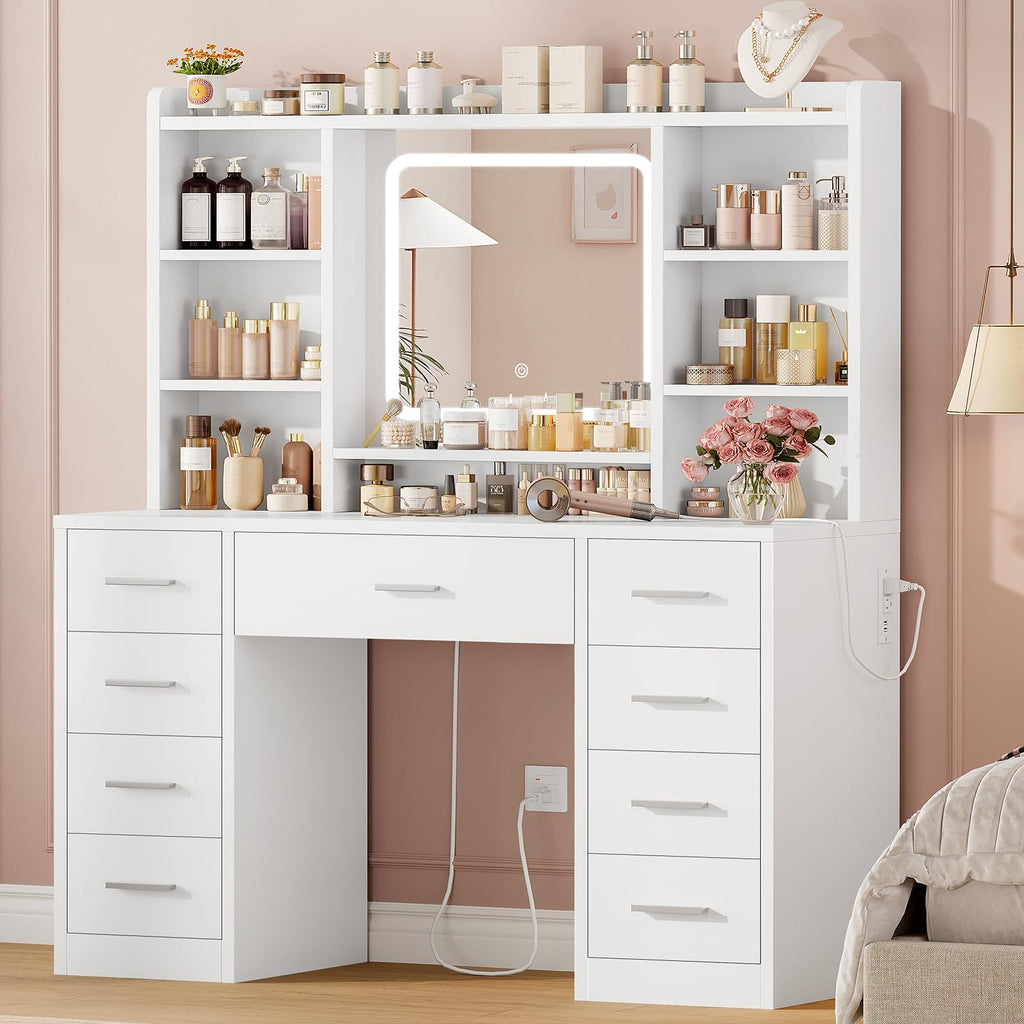 White Vanity Desk with Mirror and 9 Drawers O9316