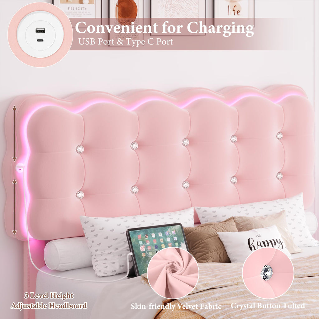 Full Size LED Bed Frame with Charging Station Headboard V9718