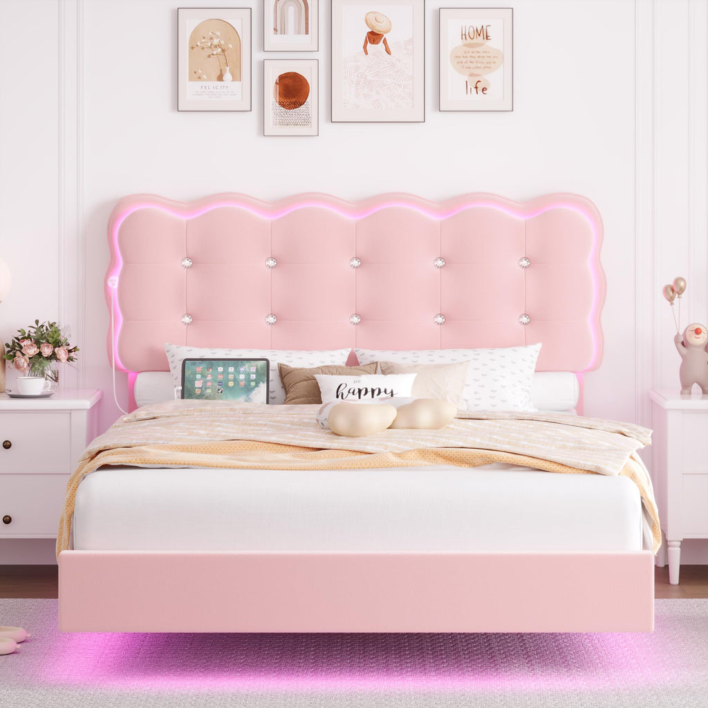 Full Size LED Bed Frame with Charging Station Headboard V9718
