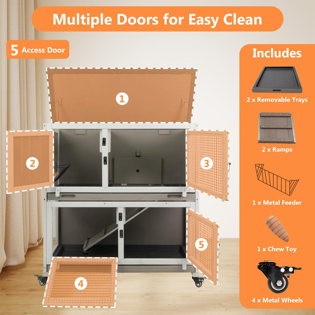 2-Story Wooden Rabbit Hutch with 4 Lockable Wheels O3610