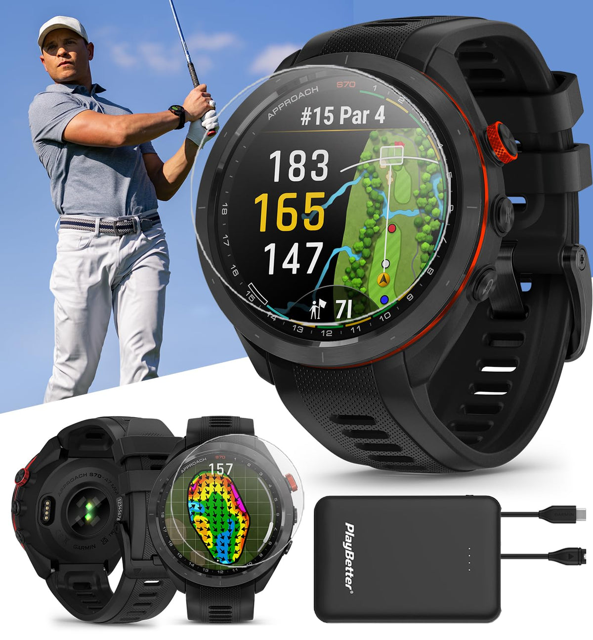 Black 47mm Golf GPS Smartwatch G4030
