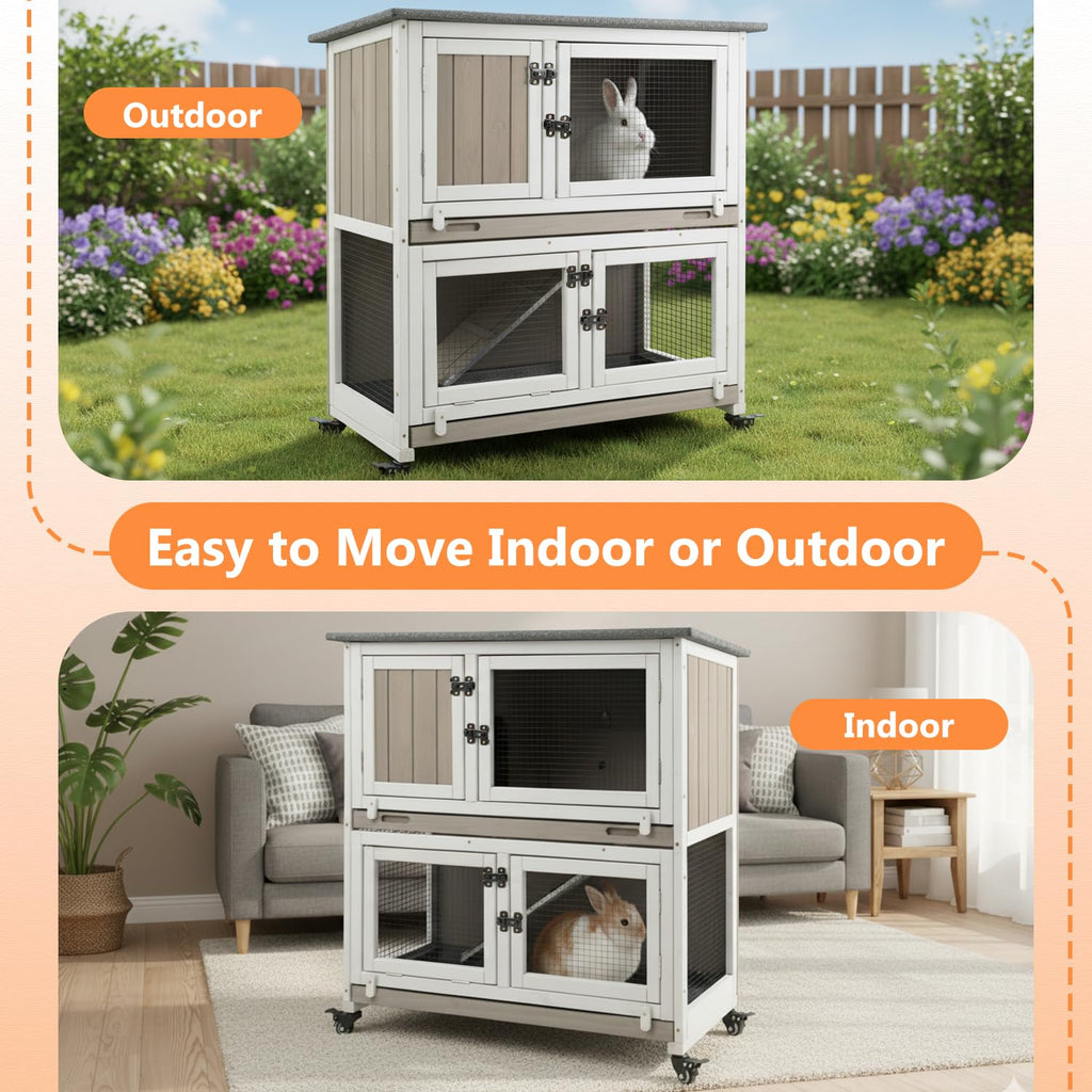 2-Story Wooden Rabbit Hutch with 4 Lockable Wheels O3610