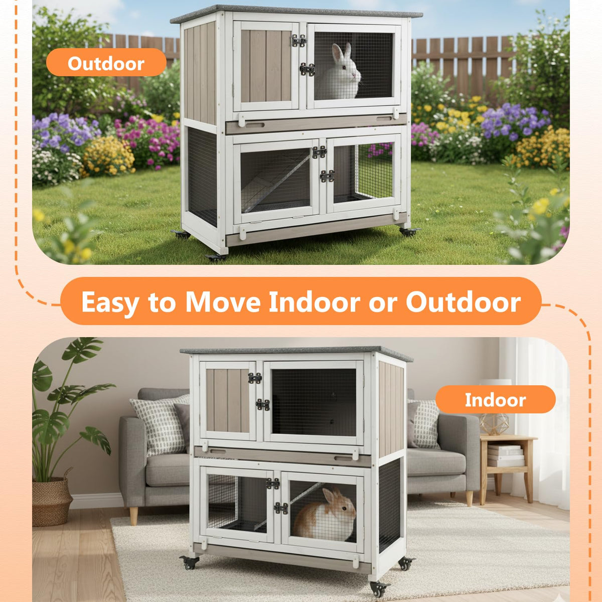 2-Story Wooden Rabbit Hutch with 4 Lockable Wheels O3610