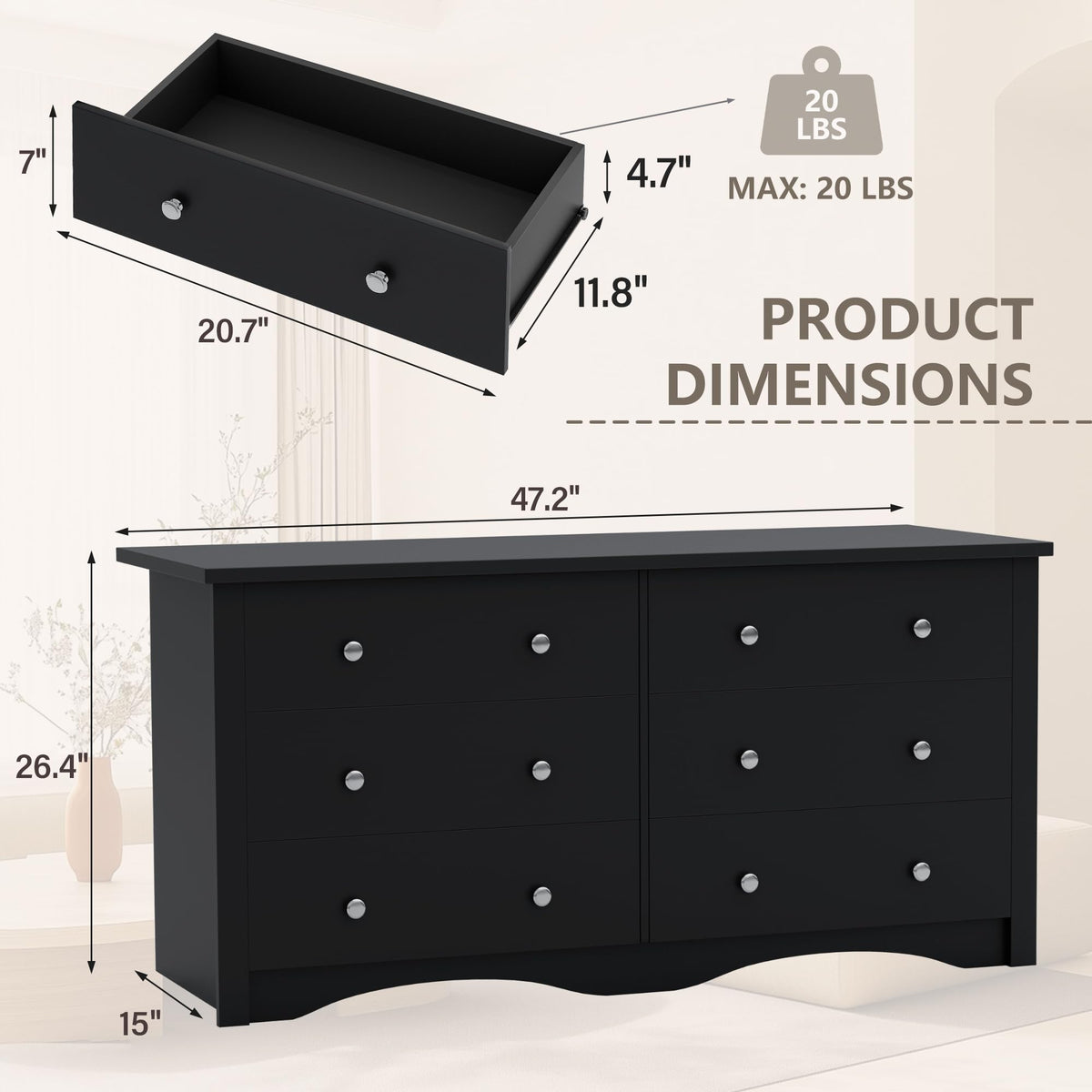 Black 6 Drawer Dresser Q3066
