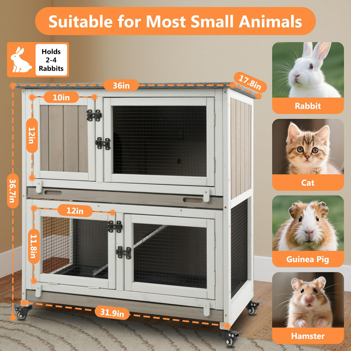 2-Story Wooden Rabbit Hutch with 4 Lockable Wheels O3610
