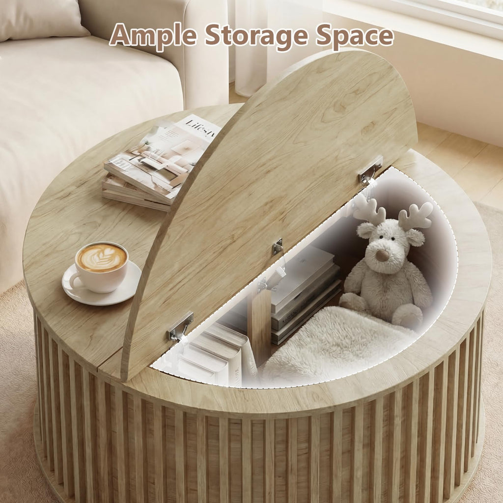 Round Coffee Table with Storage, 35.43" Fluted Center Table W8183