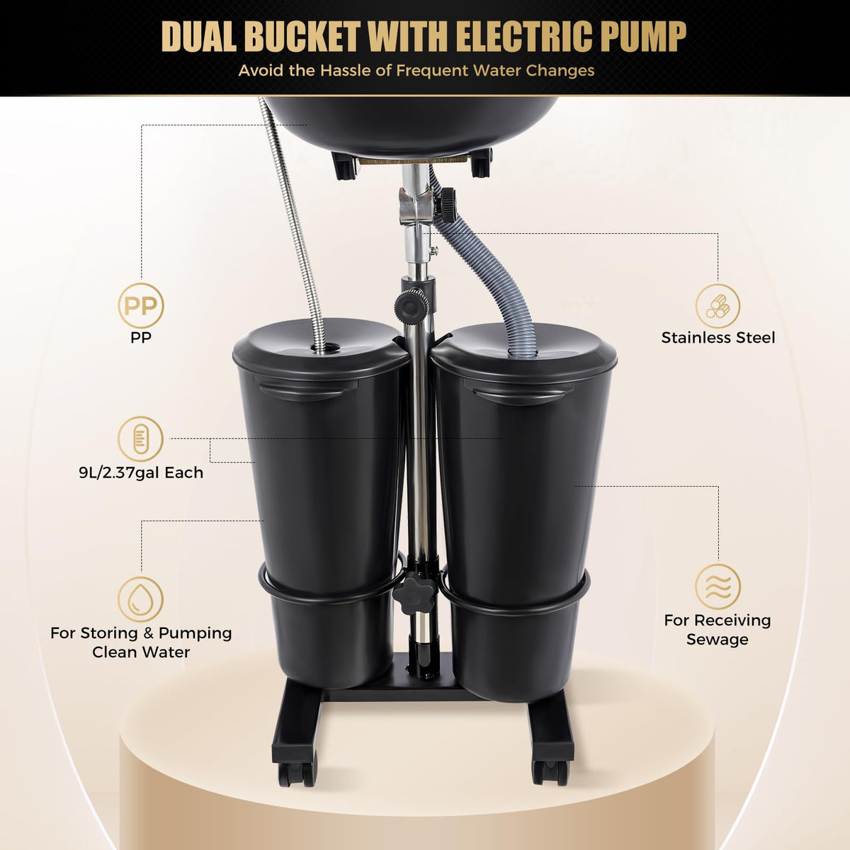 Electric Portable Height Adjustable Shampoo Bowl with Dual 10L Buckets W89830