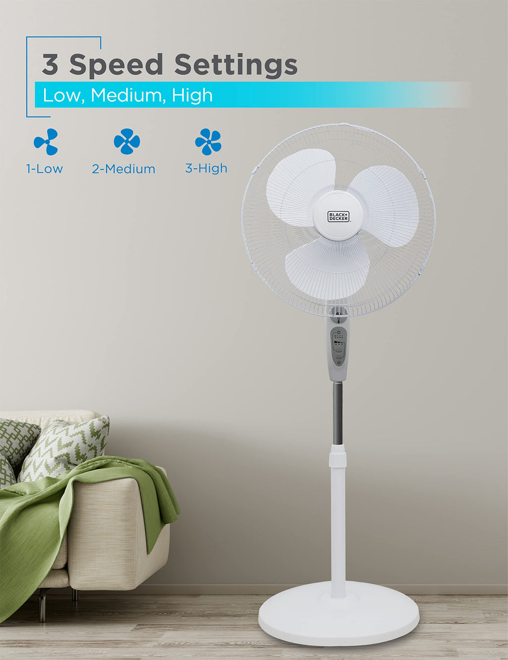 18-Inch Stand Fan with Remote and 3-Speed Settings, White S282