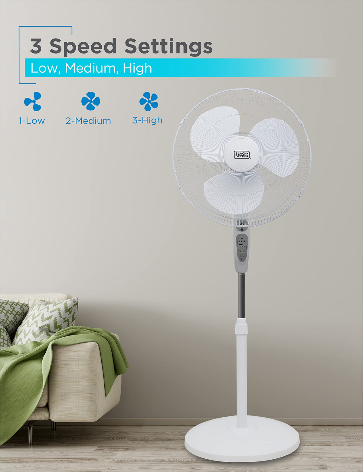 18-Inch Stand Fan with Remote and 3-Speed Settings, White S282