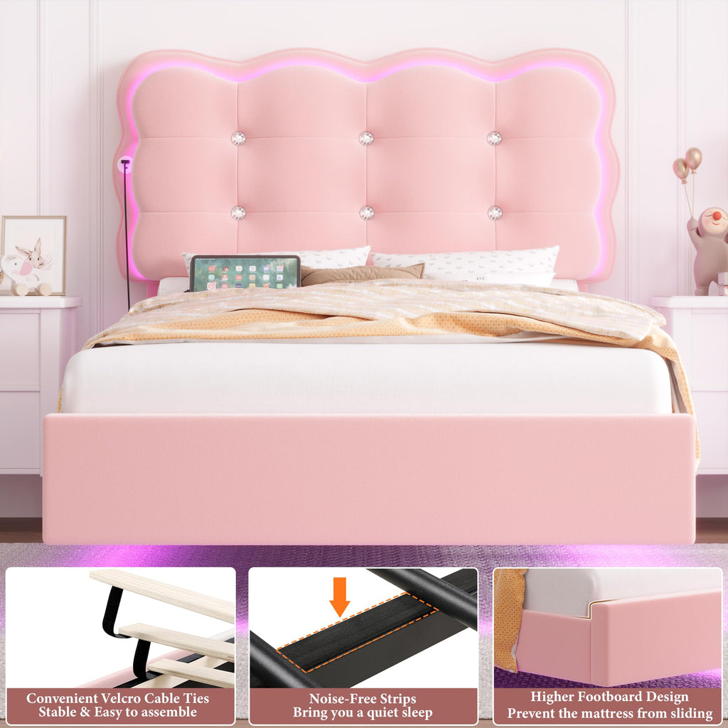 Full Size LED Bed Frame with Charging Station Headboard V9718