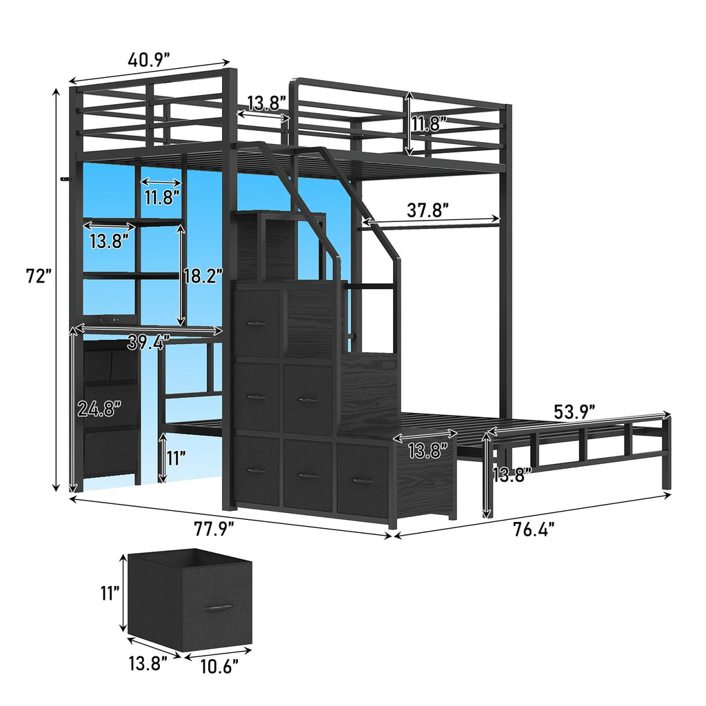Black Twin Over Full Bunk Bed with Desk and Stairs E847