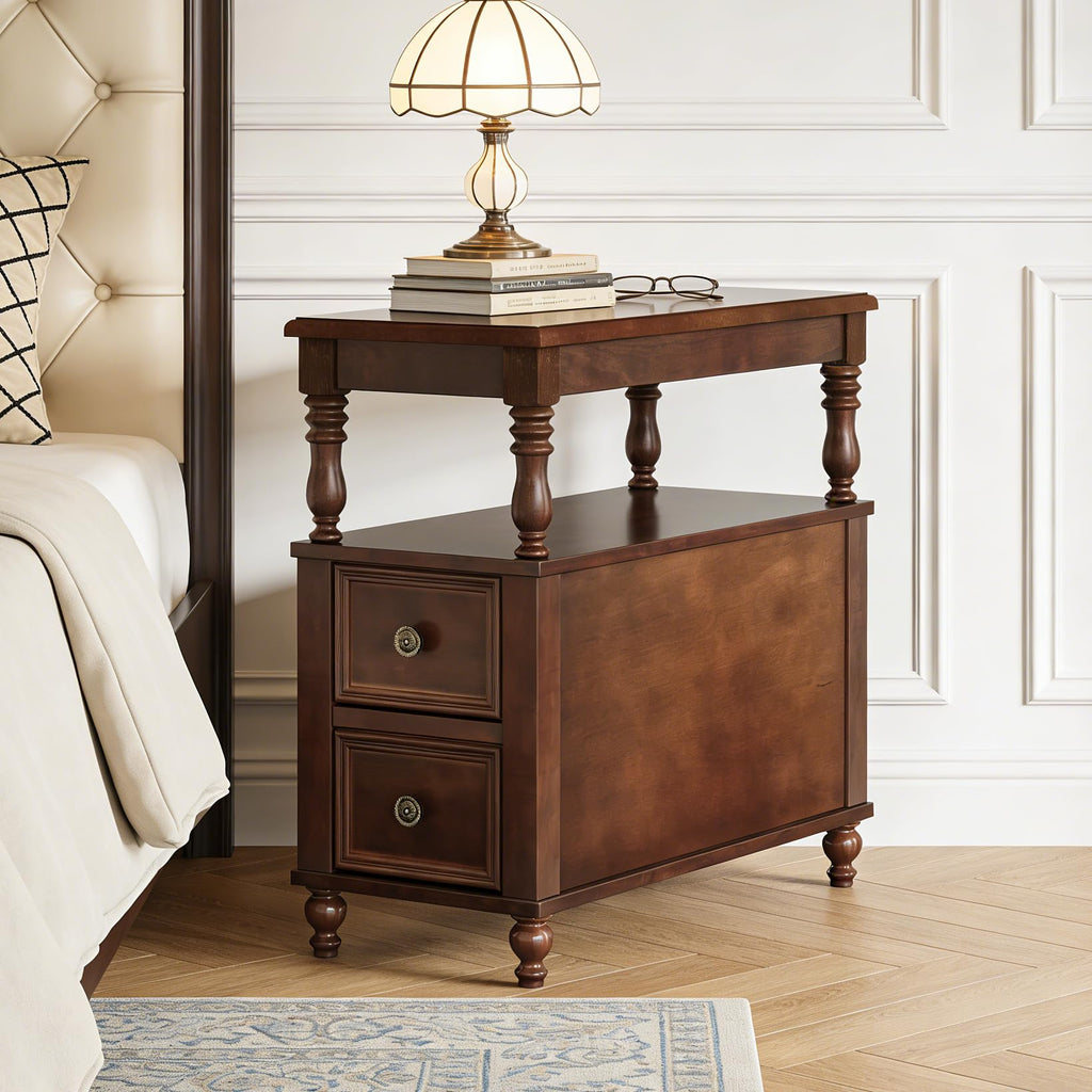 Solid Wood End Table with 2 Drawers and 2-Tier Open Shelf M3825