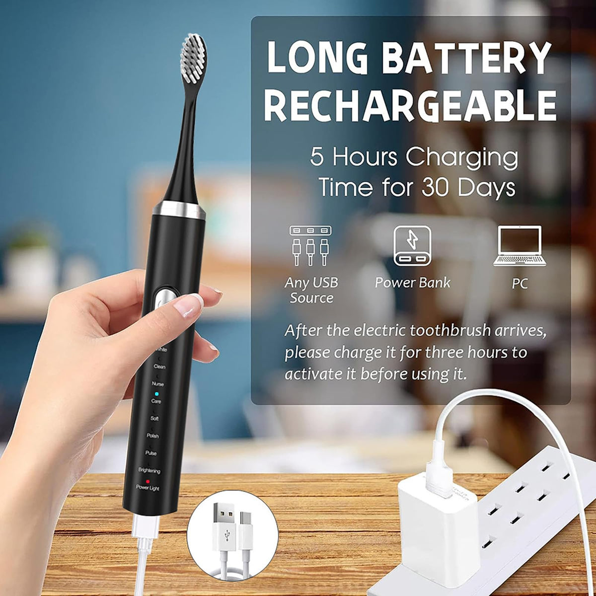 Black Rechargeable Electric Toothbrush with 4 Replacement Heads K256