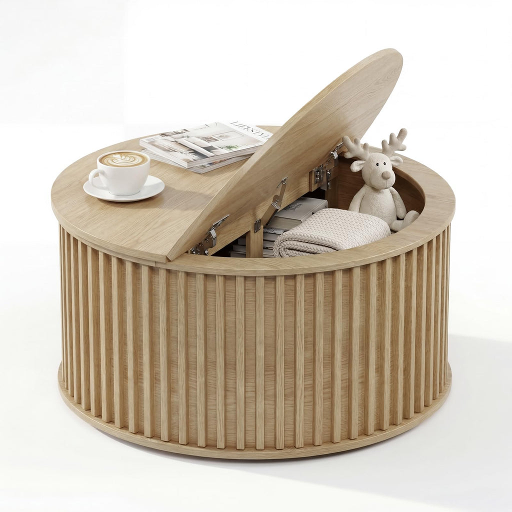 Round Coffee Table with Storage, 35.43" Fluted Center Table W8183