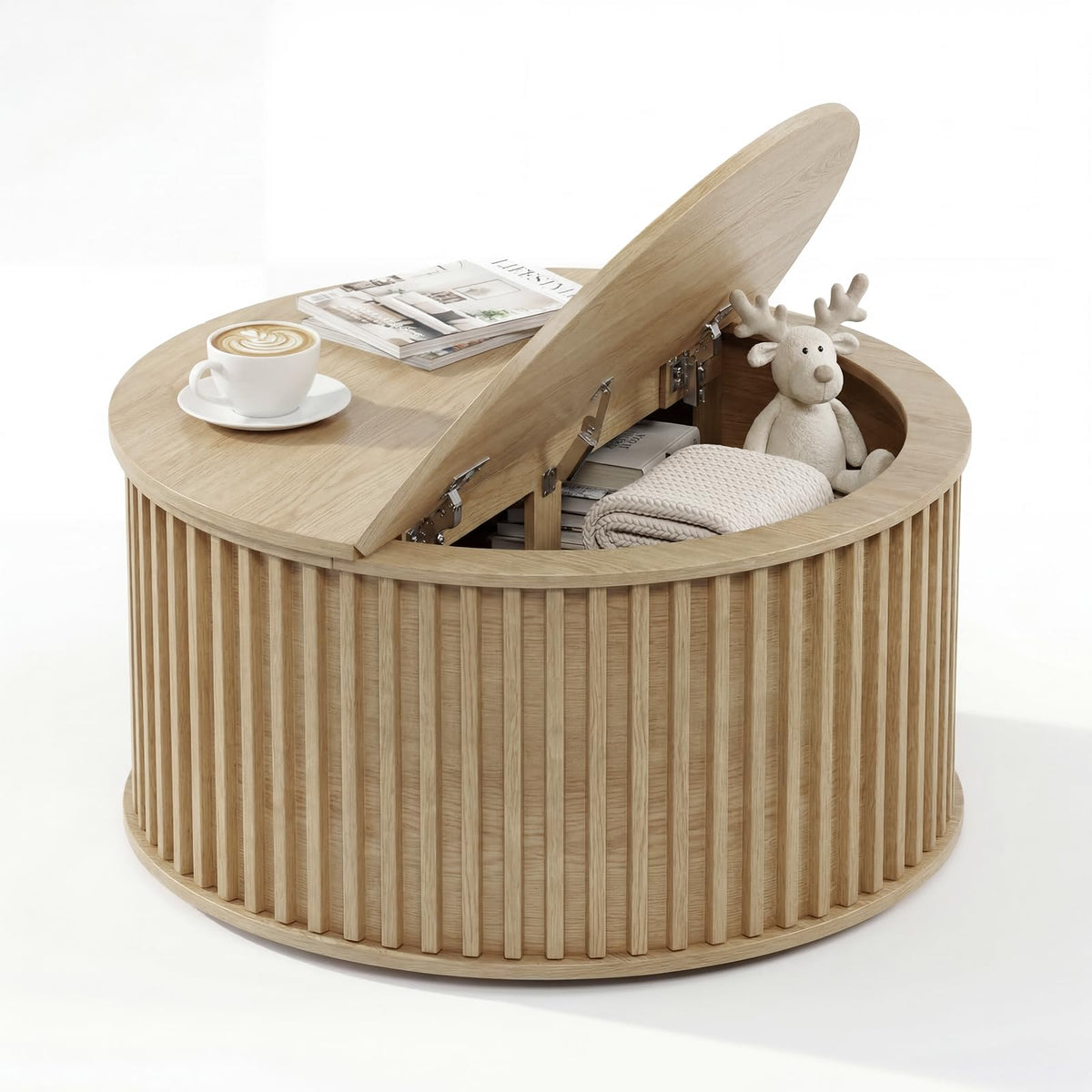 Round Coffee Table with Storage, 35.43" Fluted Center Table W8183