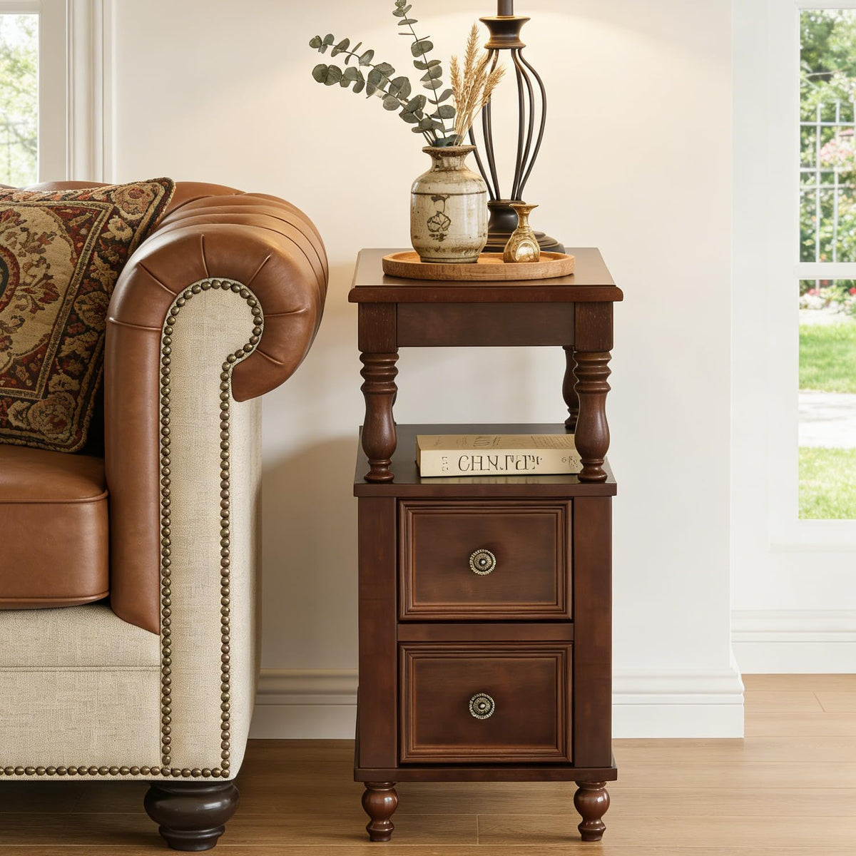 Solid Wood End Table with 2 Drawers and 2-Tier Open Shelf M3825
