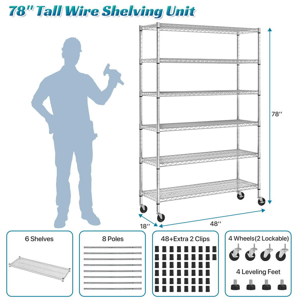 6-Tier Heavy Duty Steel Wire Shelving Unit with Wheels I633254