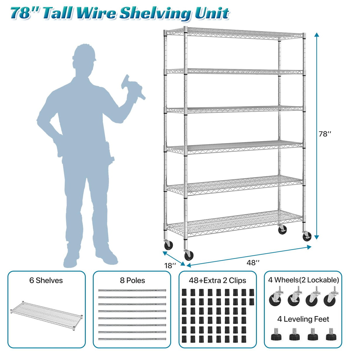 6-Tier Heavy Duty Steel Wire Shelving Unit with Wheels I633254