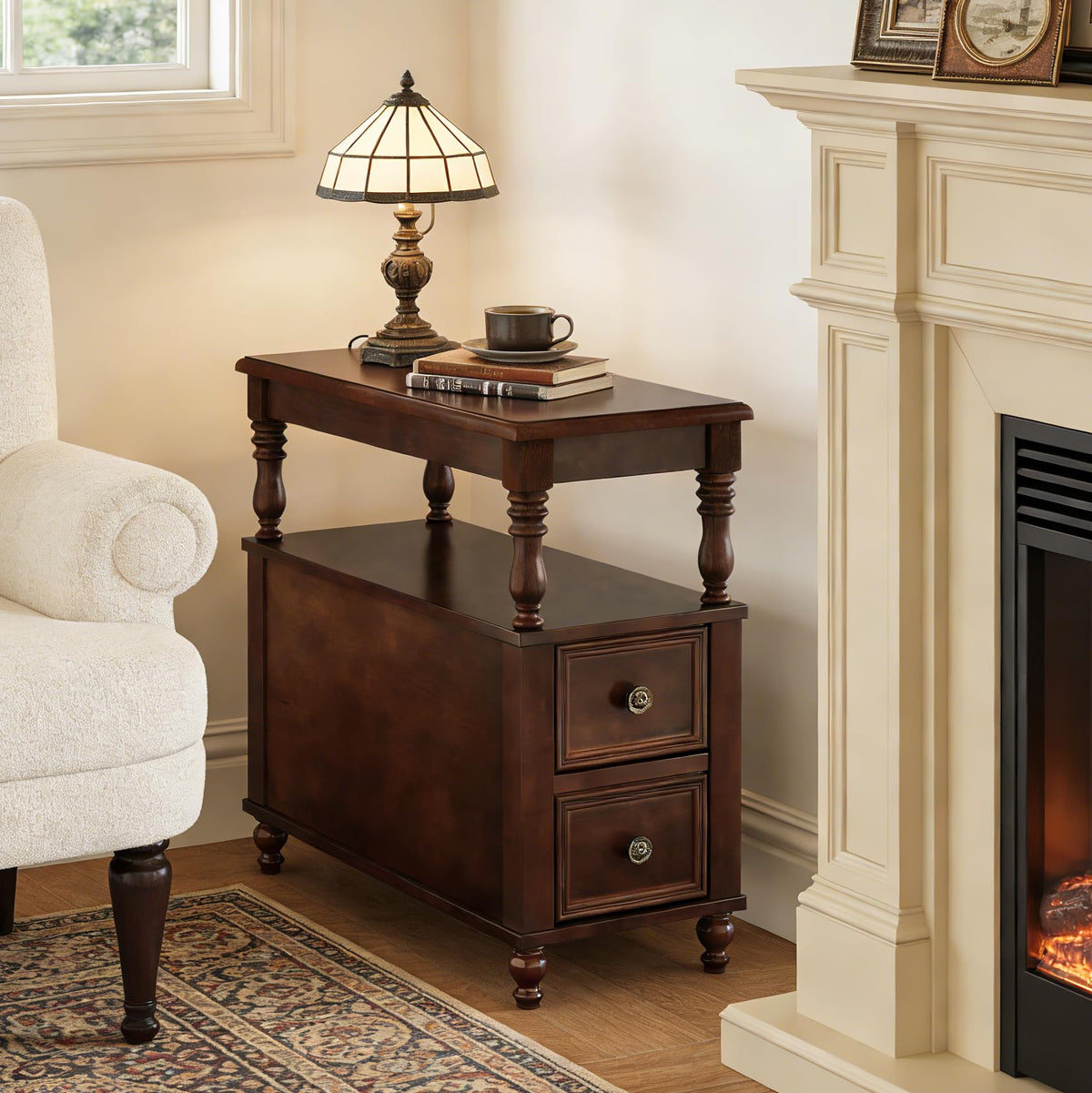 Solid Wood End Table with 2 Drawers and 2-Tier Open Shelf M3825