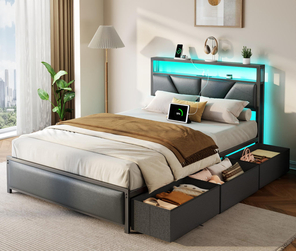 Full Size Bed Frame with Storage Headboard H708