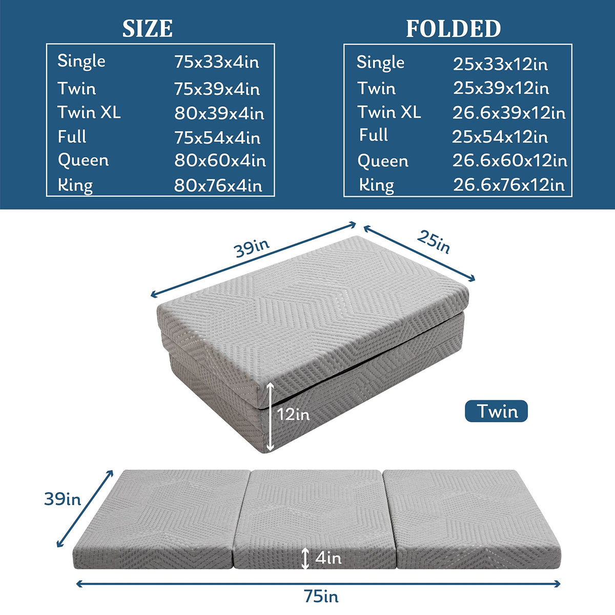 4 Inch Tri Folding Memory Foam Mattress E25657