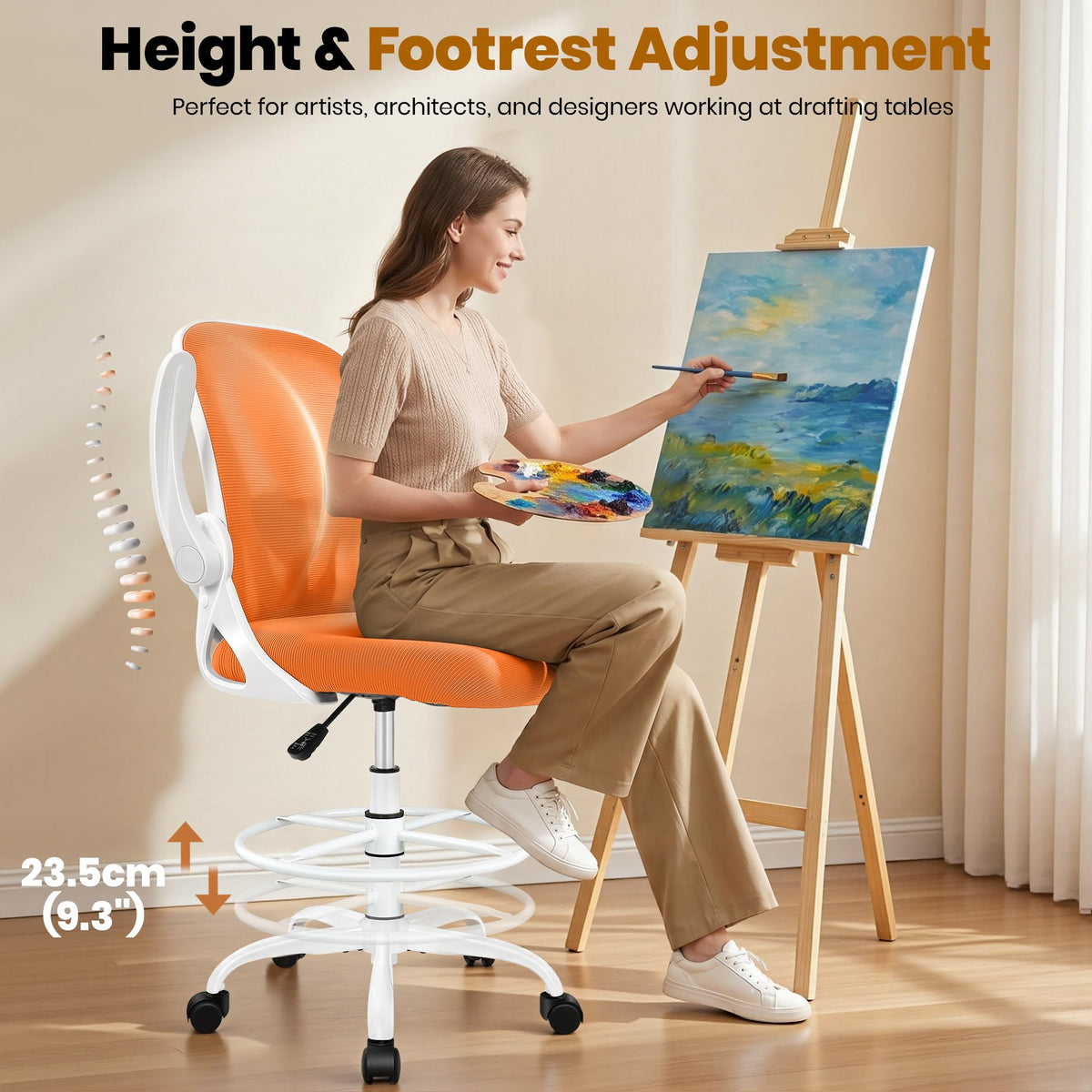 Tall Ergonomic Drafting Chair with Flip-up Armrests and Footrest Ring X98580