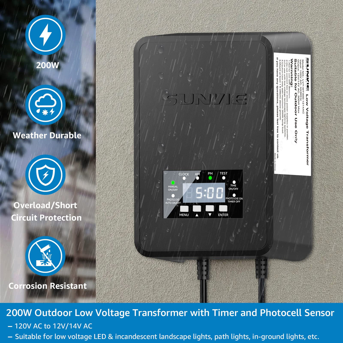 200W Landscape Lighting Transformer with Timer and Photocell Sensor O54110