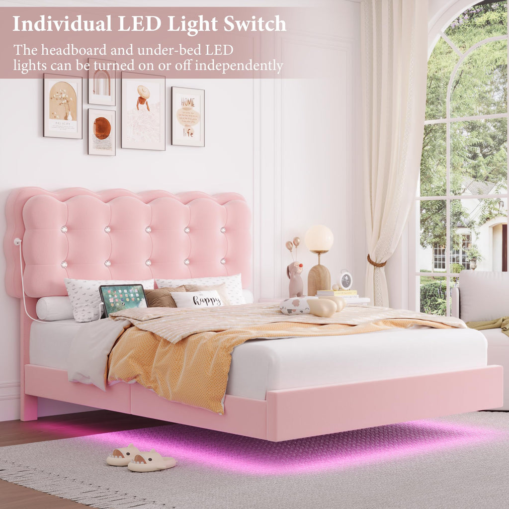 Full Size LED Bed Frame with Charging Station Headboard V9718