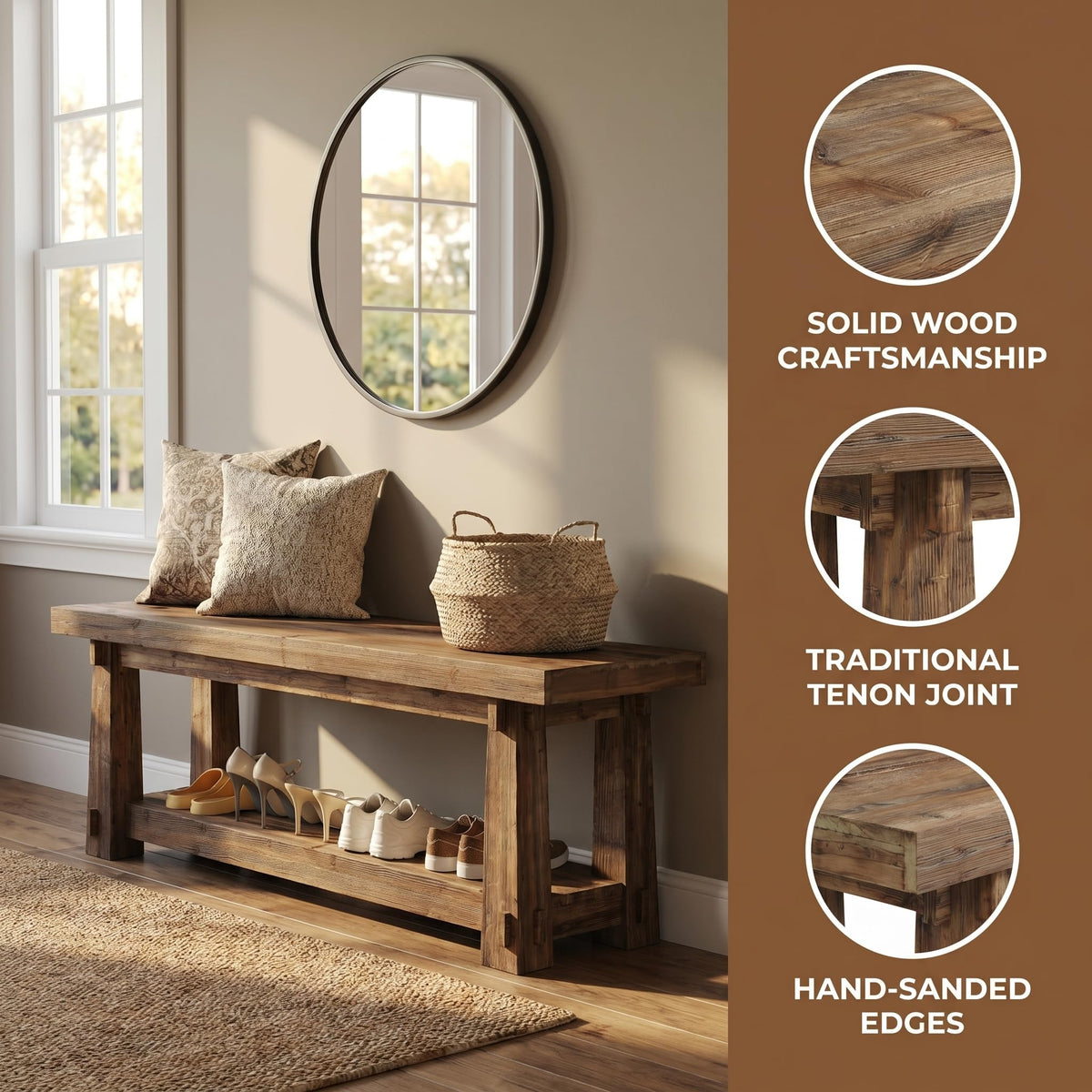 55" Wood Entryway Bench with Shoe Storage E659703