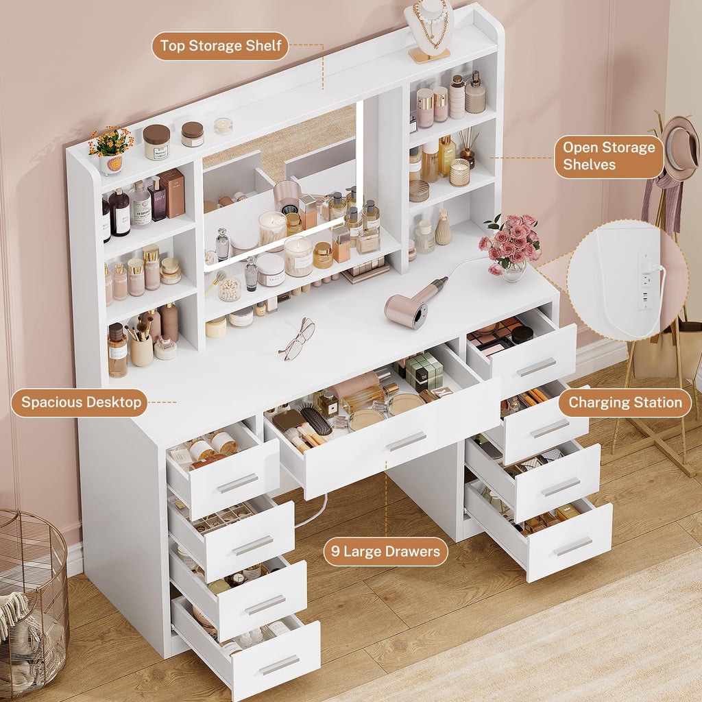 White Vanity Desk with Mirror and 9 Drawers O9316